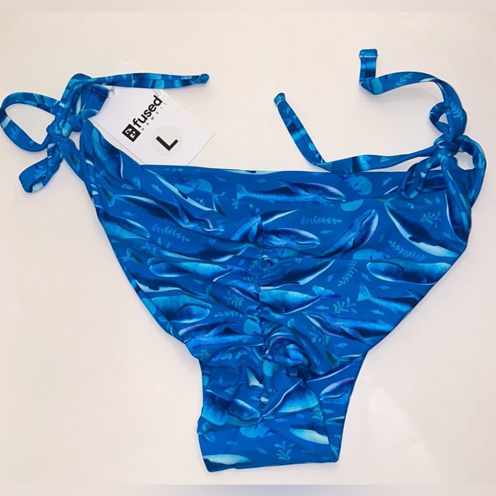 L Fused Hawaii Ruched Bikini Bottom String Tie Cheeky Bikini Large Triangle Blue